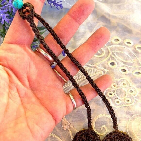 Turquoise Gold & Brown Medallion Handcrafted Crochet Necklace 22" 24" - Picture 12 of 13